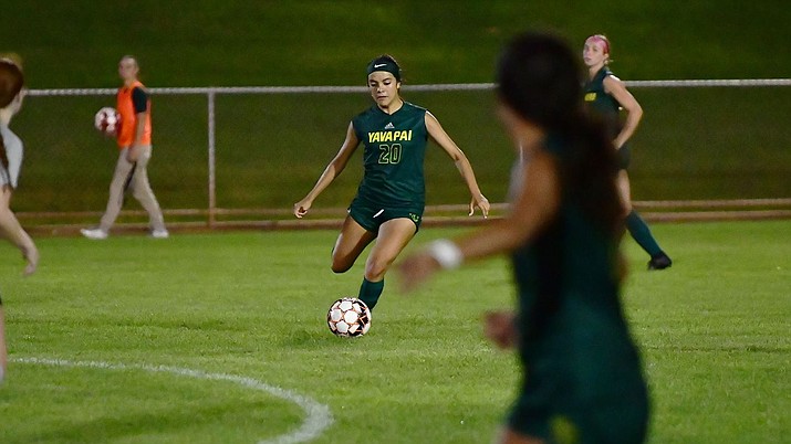 Yavapai women’s soccer forward Julie Reyes (20) dribbles the ball in a game during the 2022 season at Mountain Valley Park in Prescott Valley. (Yavapai Athletics/Courtesy)