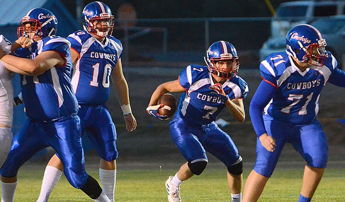 Camp Verde senior running back Sam Williams (#7) has already accumulated over 300 yards rushing while quarterback Tyson Buckley (#10) leads to 2A conference in passing yards. (VVN/file/Vyto Starinskas)