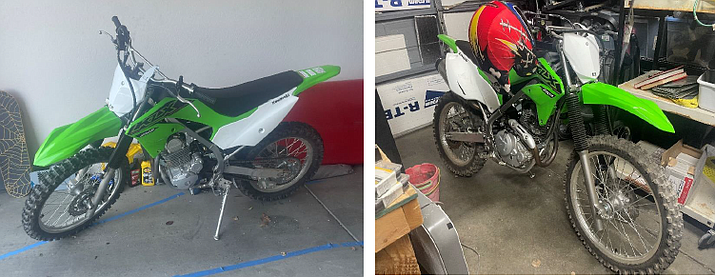 The Prescott Valley Police Department is asking for the public’s help finding an allegedly stolen 2012 Kawasaki KLX 230R green-and-white dirt bike. (PVPD/Courtesy)