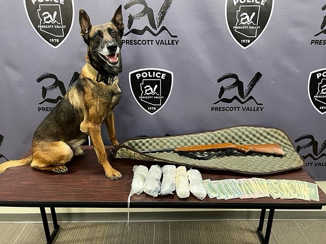 Prescott Valley Police Department K-9 Kato reportedly alerted officers to more than 5 pounds of methamphetamine hidden in a sedan during a traffic stop before midnight Sept. 15 at the Highway 69-Fain Road intersection. (PVPD/Courtesy)