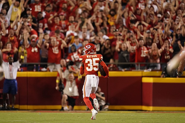 Kansas City Chiefs cornerback Jaylen Watson runs an interception back for a touchdown during the second half of a game against the Los Angeles Chargers Thursday, Sept. 15, 2022, in Kansas City, Mo. (Charlie Riedel/AP)
