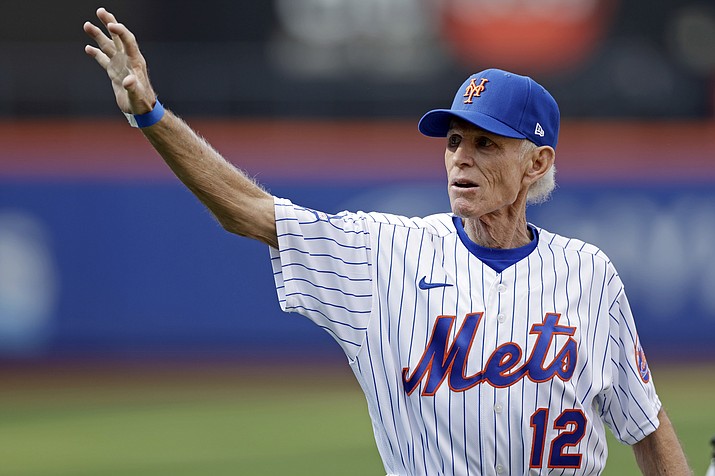 Former New York Mets’ John Stearns waves during Old-Timers’ Day ceremony before a baseball game between the Colorado Rockies and the New York Mets on Saturday, Aug. 27, 2022, in New York. (Adam Hunger/AP)