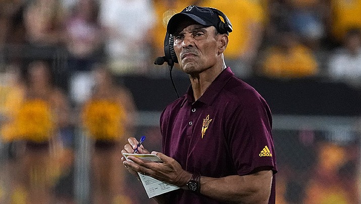 Arizona State coach Herm Edwards looks toward the scoreboard with his team his down against Eastern Michigan during the first half of an NCAA college football game Saturday, Sept. 17, 2022, in Tempe, Ariz. (Darryl Webb/AP)