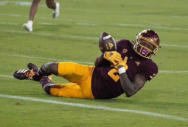 Arizona State's Elijah Badger (2) drops a ball near the goal line, against Eastern Michigan during the second half of a game Saturday, Sept. 17, 2022, in Tempe. (Darryl Webb/AP)