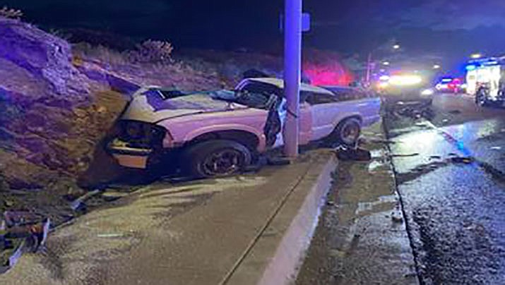 A driver was taken to Kingman Regional Medical Center with non-life threatening injuries after an early-morning accident on Andy Devine Avenue in Kingman on Tuesday, Sept. 20. (Kingman Police Department photo)
