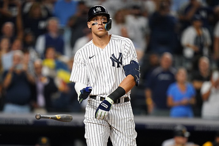 New York Yankees' Aaron Judge reacts after he is walked during the eighth inning of a game against the Pittsburgh Pirates Wednesday, Sept. 21, 2022, in New York. (Frank Franklin II/AP)