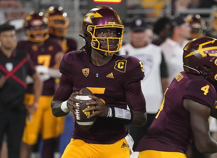 Arizona State quarterback Emory Jones (5) looks to pass against Eastern Michigan during the first half of a game Saturday, Sept. 17, 2022, in Tempe, Ariz. (Darryl Webb/AP)