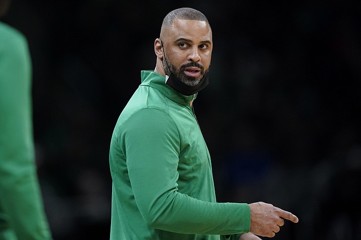 Boston Celtics head coach Ime Udoka speaks from the bench during the first half of a game against the Charlotte Hornets, Wednesday, Feb. 2, 2022, in Boston. (Steven Senne/AP, File)