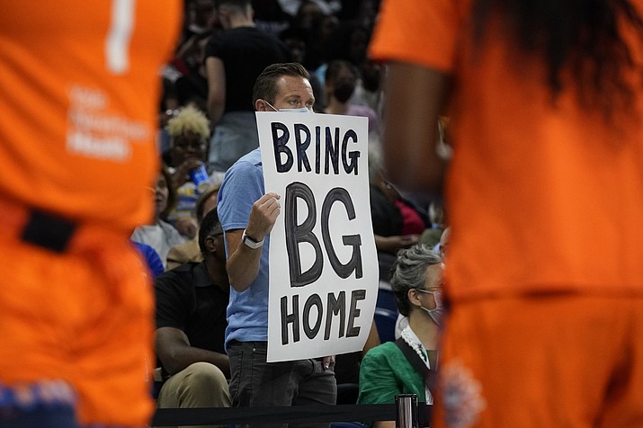 A person holds up a sign reminding fans of Phoenix Mercury’s Brittney Griner during the first half of Game 2 in a playoffs semifinal between the Chicago Sky and the Connecticut Sun on Wednesday, Aug. 31, 2022, in Chicago. (Nam Y. Huh/AP)
