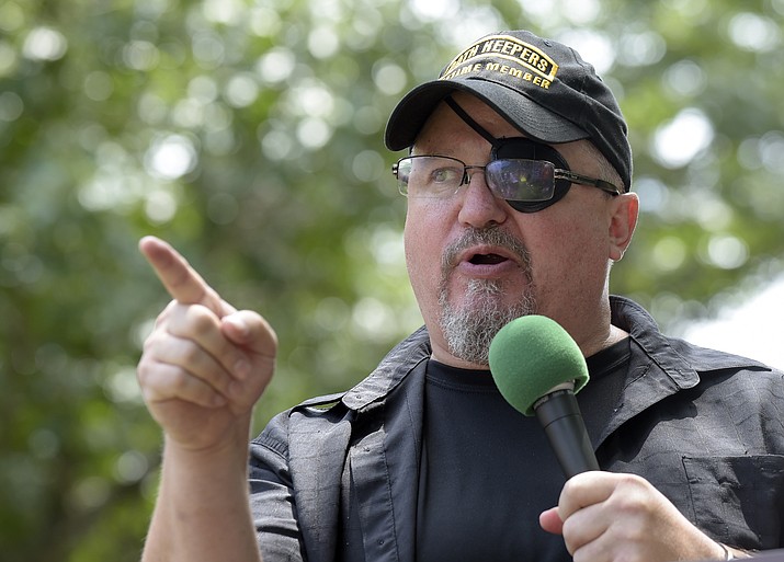 Stewart Rhodes, founder of the citizen militia group known as the Oath Keepers speaks during a rally outside the White House in Washington, on June 25, 2017. Rhodes formally launched the Oath Keepers in Lexington, Massachusetts, on April 19, 2009, where the first shot in the American Revolution was fired. (Susan Walsh/AP, File)
