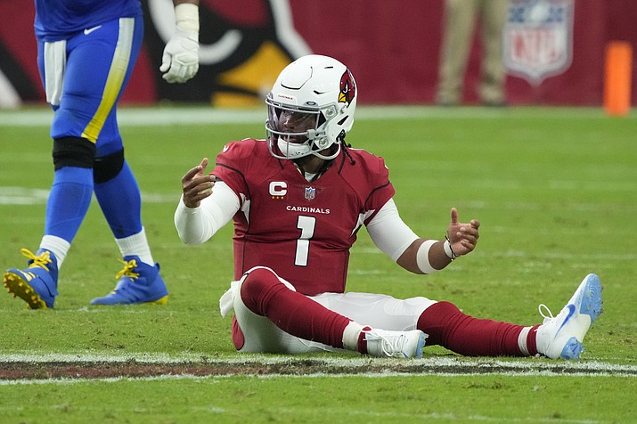 Arizona Cardinals quarterback Kyler Murray (1) reacts after a play against the Los Angeles Rams during the second half Sunday, Sept. 25, 2022, in Glendale. (Rick Scuter/AP)