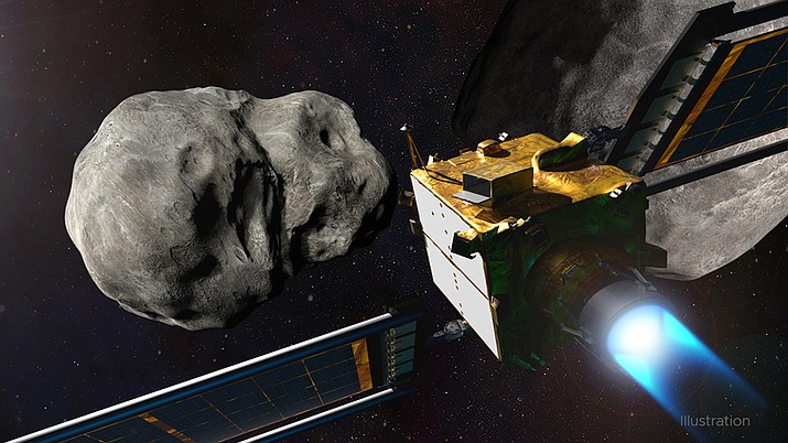 A NASA illustration imagines what the DART – Double Asteroid Redirection Test – spacecraft will look like shortly before its collision Monday with Didymos binary asteroid system, in the first full-scale test of a planetary defense system. (Illustration by Steve Gribben/NASA, Johns Hopkins APL vis Cronkite News)