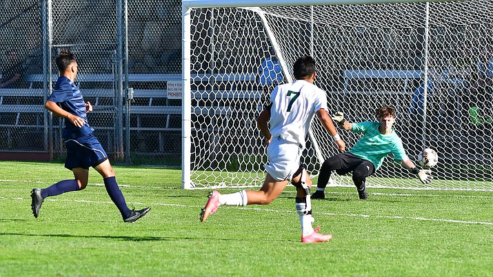 Yavapai men’s soccer forward Iann Topete (7) takes a shot at the goalkeeper during a game against Paradise Valley on Tuesday, Sept. 27, 2022, at Ken Lindley Field in Prescott. (Chris Henstra, Yavapai Athletics/Courtesy)