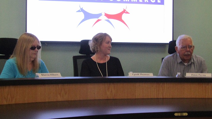 The three candidates for two seats on the Chino Valley Unified School District Governing Board, from left, Marcia Hilborn, incumbent Cyndi Thomas and Dave Perey are shown at a forum Wednesday, Sept. 28, 2022 in Chino Valley. (Stan Bindell/For the Courier)