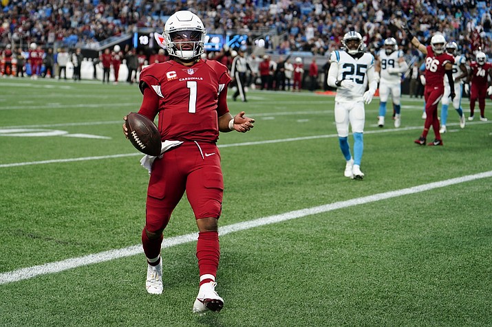 Arizona Cardinals quarterback Kyler Murray scores against the Carolina Panthers during the second half of an NFL football game on Sunday, Oct. 2, 2022, in Charlotte, N.C. (Jacob Kupferman/AP)