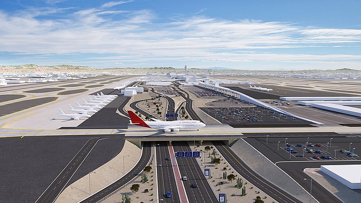 A 2,000-foot taxiway overpass is planned for Phoenix Sky Harbor International Airport to allow planes to go over airport roads to get to runways on either the north or south airfields. (Rendering courtesy of Gannett Fleming)