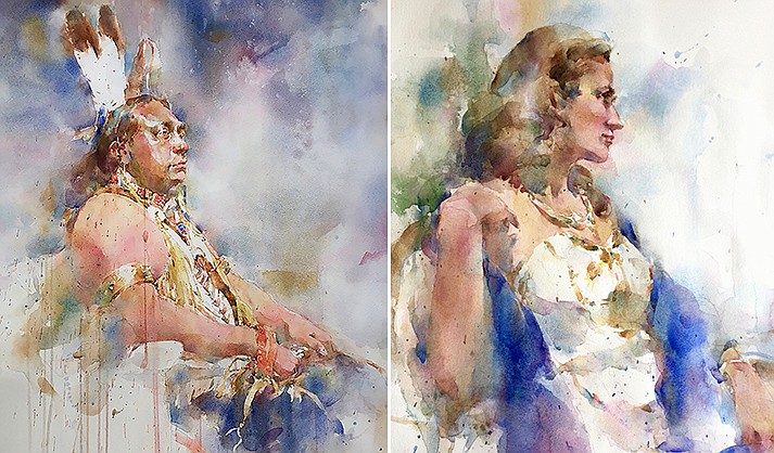 Left: Cecil by Annette Smith, watercolor portrait. Right: Old Hollywood by Annette Smith, watercolor portrait. (Courtesy/NAWS)