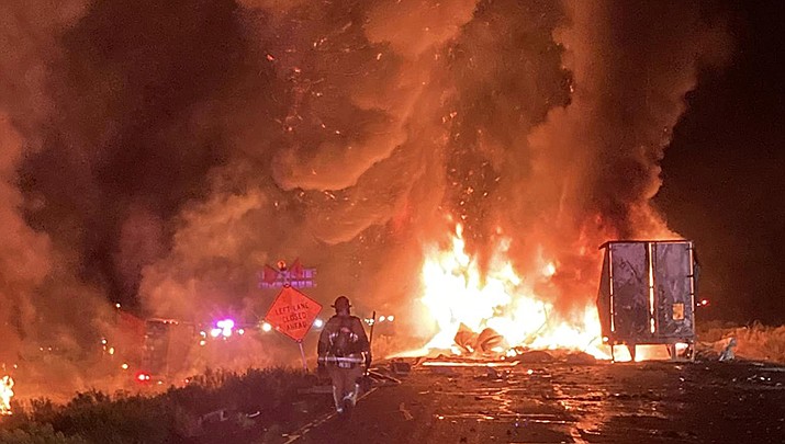 A semi-truck crash on Thursday night resulted in one death after the vehicle caught fire. Interstate 40 was closed throughout the night and has since been reopened. (Photo courtesy of Kingman Fire Department)