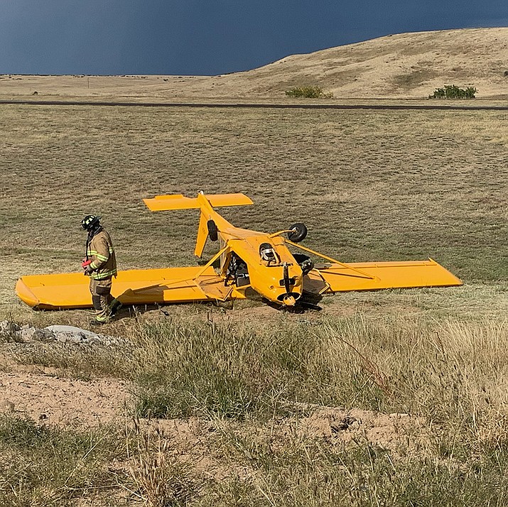 The Prescott Fire Department responded to Prescott Regional Airport after this Aeroprakt A22LS  Foxbat veered off the runway as the pilot was attempting to land Oct., 15, 2022 at about 9:05 a.m. The pilot suffered minor injuries and was taken to YRMC for medical evaluation. (Prescott Fire Department/Courtesy)
