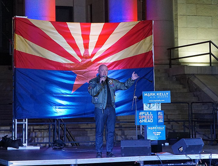 Arizona Sen. Mark Kelly, who is running for re-election to the U.S. Senate in the Nov. 8 general 
election, made a stop in downtown Prescott during a rally in front of the steps of the Yavapai County Courthouse Thursday evening, Oct. 20, 2022. He was among about a half-dozen Democratic candidates who spoke during the Yavapai Democrats’ “get out the vote” rally. (Cindy Barks/Courier)