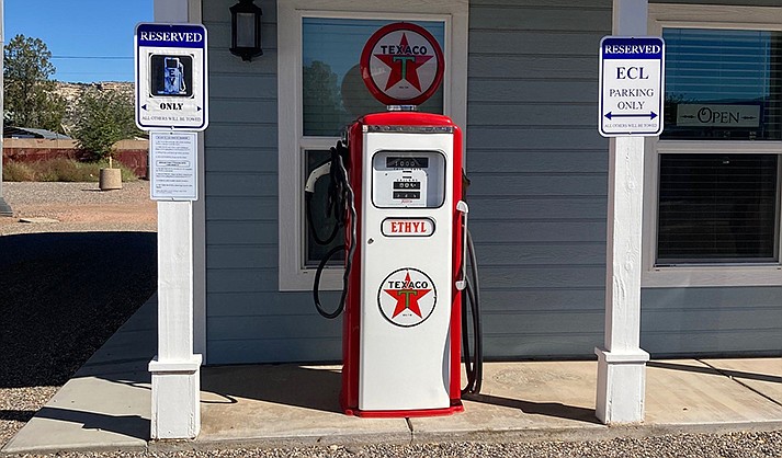 Osses installed two “level two” charging stations at her office: a Tesla charging station in the back dressed up as a Texaco pump, and a non-Tesla with J1772 EV charger with 240V 50 amps in the front. (VVN/Paige Daniels)