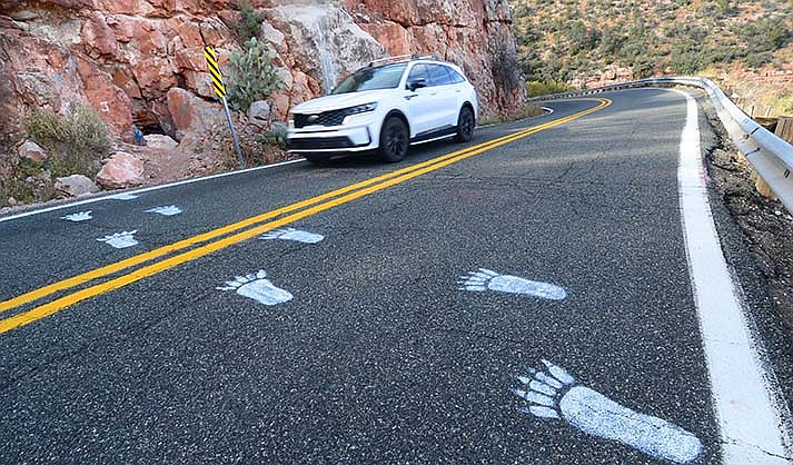 Bigfoot footsteps lead into a cave on State Route 89A on Mingus Mountain on Wednesday, Oct. 26, 2022. (VVN/Vyto Starinskas)