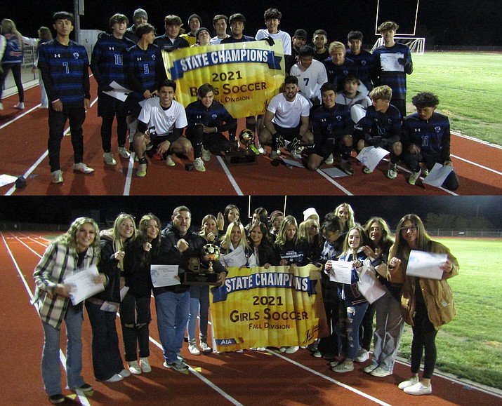 Chino Valley High School awarded their boys and girls soccer teams their state championship rings on Friday, Nov. 4, in front of a small but feisty crowd on a cold night at the school’s football field. Both teams won the 2A state championship last year during the 2021 season. The recognition came during a halftime Ring of Honor ceremony in an alumni game. The boys team won the state championship game again this year and the girls placed second, but they have not obtained the banners or rings yet for this year’s boys state championship team. Athletic Director Matt Dunn said he was glad to recognize the players because they did a great job. (Stan Bindell/For the Courier)