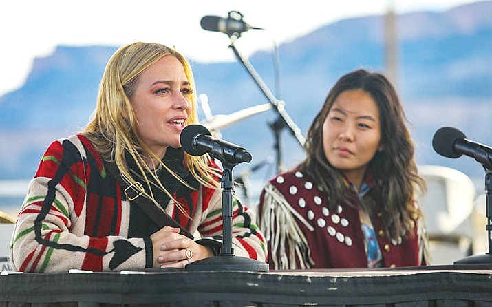 Piper Perabo, a political activist and “Yellowstone” cast member, left, and actor Nicole Kang speak about the clout Indigenous voters have in Arizona. (Campbell Wilmot/Cronkite News)