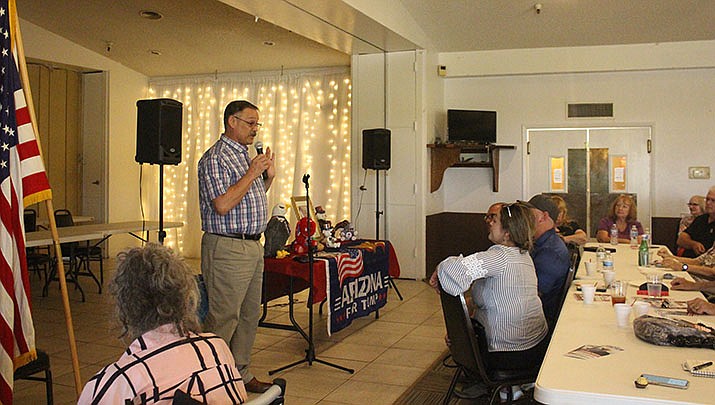 Republicans who backed Donald Trump’s failed efforts to overturn the 2020 election have lost key races to oversee elections in some competitive states. One of those, GOP candidate for Secretary of State in Arizona Mark Finchem, trailed his Democratic opponent as the vote count progressed on Wednesday, Feb. 9. Finchem is shown speaking to the Conservative Republican Club of Kingman in June 2021. (Miner file photo)