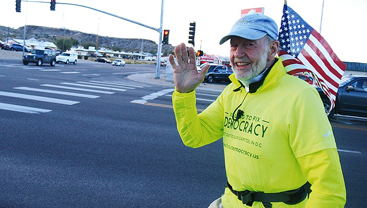 Rick Hubbard, 80, passed through Kingman on his Walk to Fix Our Democracy. Hubbard is walking from Pasadena, California, to Washington D.C. (Photo by William Roller/Kingman Miner)