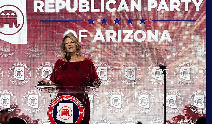 Arizona GOP Chairwoman Dr. Kelli Ward speaks at the Republican watch party in Scottsdale Tuesday, Nov. 8, 2022. (AP Photo/Ross D. Franklin)