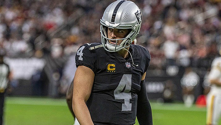 Derek Carr and the Las Vegas Raiders fell to 2-7 on the season with a 25-20 loss to the Indianapolis Colts on Sunday, Nov. 13. (Photo by All-Pro Reels, cc-by-sa-2.0, https://bit.ly/3BQ6LMZ)