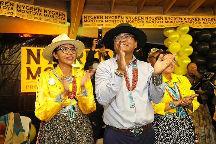 Buu Nygren, Jasmine Nygren and Richelle Montoya celebrate Nygren defeating incumbent Jonathan Nez as the Navajo Nation president at the Navajo Fairgrounds in Window Rock, Arizona, Nov. 8, 2022. (Photo/Buu Nygren campaign)