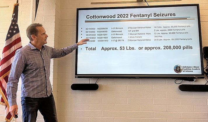 Chief Stephen Gesell presents Cottonwood 2022 Fentanyl Seizure statistics. To date 53 pounds of Fentanyl have been seized. (VVN/Vyto Starinskas)