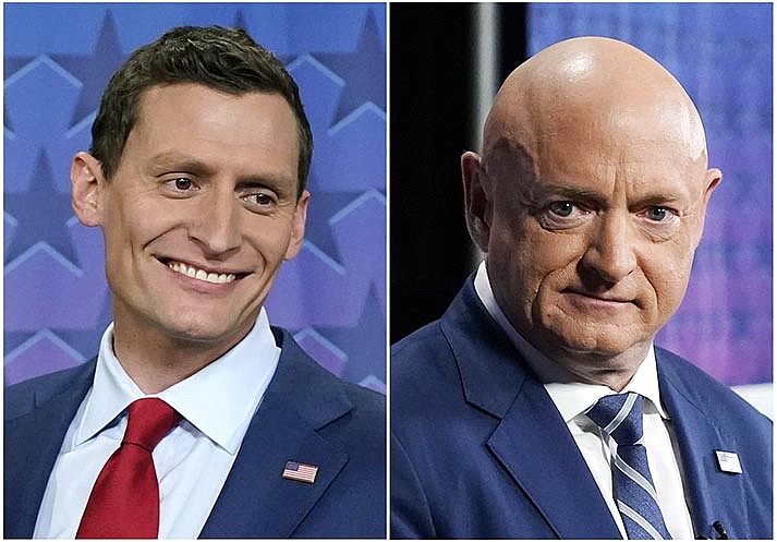 This combination of photos shows Arizona Republican Senate candidate Blake Masters, left, and Sen. Mark Kelly, D-Ariz., before a televised debate in Phoenix, Oct. 6, 2022. (AP Photo/Ross D. Franklin)