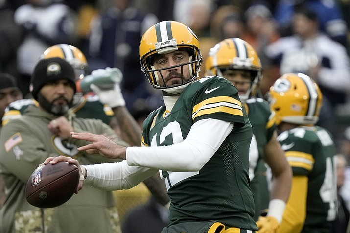 Green Bay Packers quarterback Aaron Rodgers warms up before a game against the Dallas Cowboys Sunday, Nov. 13, 2022, in Green Bay, Wis. (Morry Gash/AP)