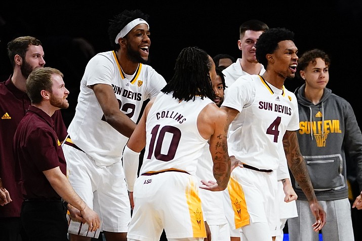Arizona State's Desmond Cambridge Jr. (4) reacts after scoring during the second half of a game against Virginia Commonwealth at the Legends Classic Wednesday, Nov. 16, 2022, in New York. Arizona State won 63-59. (Frank Franklin II/AP)