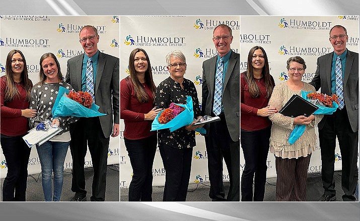 Pictured here separately, Lake Valley Elementary Principal Aimee Fleming on the far left, Superintendent John Pothast on the far right, with the honorees AnnaSarah Montana, left photo, Lari Lynn, middle photo, and Gaylee Chilicky, right photo. (Shea Johnson, Humboldt Unified School District/Courtesy)