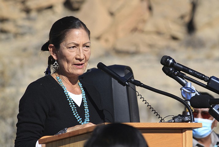 United States Interior Secretary Deb Haaland addresses a crowd during a celebration at Chaco Culture National Historical Park in northwestern New Mexico, Nov. 22, 2021. The U.S. Interior Department's plan to withdraw hundreds of square miles in New Mexico from oil and gas production for the next 20 years is expected to result in only a few dozen wells not being drilled on federal land surrounding Chaco Culture National Historical Park, according to an environmental assessment. (AP Photo/Susan Montoya Bryan, File)