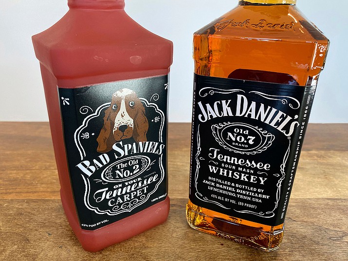 A bottle of Jack Daniel’s Tennessee Whiskey next to the parody dog toy, Bad Spaniels, made by an Arizona company, which says its toy is a clear parody. But the Supreme Court agreed to consider Jack Daniel’s claim that the toy violates its trademark. (Jessica Gresko/AP/Shutterstock)
