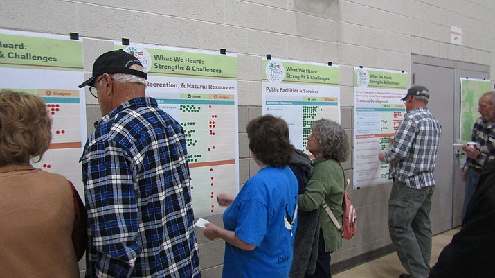 Chino Valley residents examine poster boards asking their opinions on the Town of Chino Valley’s 2024 General Plan during an Open House event on Monday, Nov. 21, 2022 in the gym at Territorial Elementary School. (Stan Bindell/For the Courier)