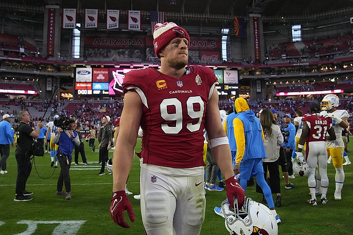 Arizona Cardinals defensive end J.J. Watt (99) walks off the field after an NFL football game against the Los Angeles Chargers, Sunday, Nov. 27, 2022, in Glendale. The Chargers defeated the Cardinals 25-24. (Rick Scuteri/AP)