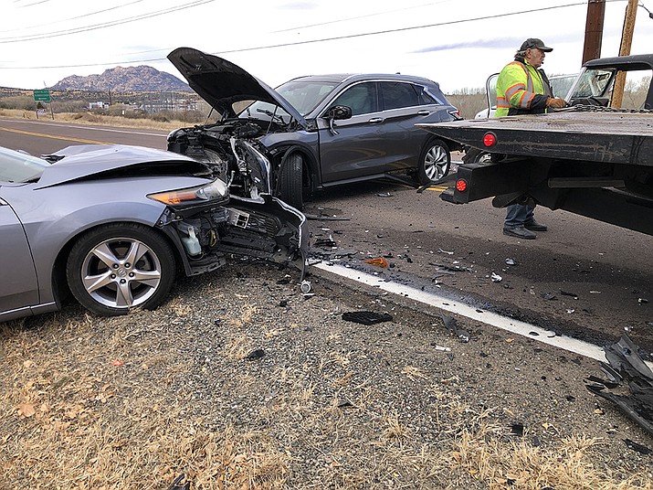 Shown are two of the vehicles involved in a three-vehicle collision that closed Willow Lake Road in both directions near Samaritan Way for two hours Monday Nov. 28, 2022. (Prescott Police/Courtesy)