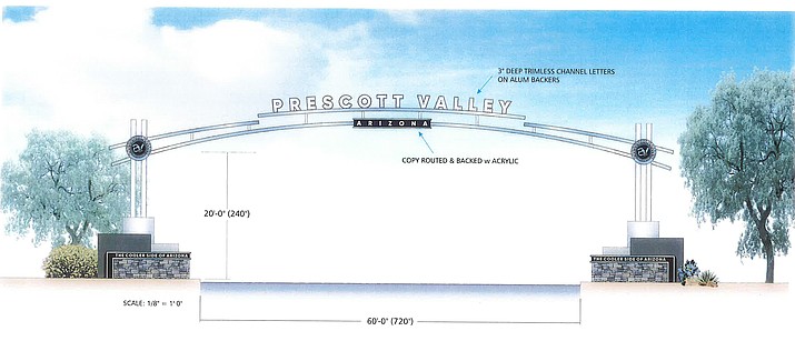 The rendering shows what a welcome archway could look like across Glassford Hill Road and Highway 69 in Prescott Valley. This plan to install these welcome signs is expected to be included on the Town of Prescott Valley Town Council’s Dec. 8 agenda for approval. The town would be working with a company called, Fluoresco, out of Phoenix, that would be designing and building the signs and archway. (Town of Prescott Valley/Courtesy)