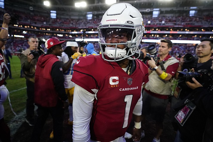 Arizona Cardinals quarterback Kyler Murray (1) walks off the field after a game against the Los Angeles Chargers, Sunday, Nov. 27, 2022, in Glendale, Ariz. The Chargers defeated the Cardinals 25-24. (Ross D. Franklin/AP)