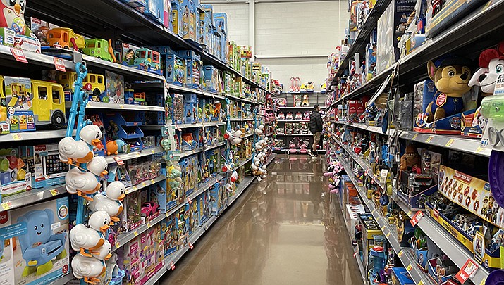 The Arizona Youth Partnership is seeking Christmas presents for teens, young adults in youth shelters and transitional living arrangements, as well as teen parents. The toy section at the Walmart store on Stockton Hill Road in Kingman is pictured. (Photo by MacKenzie Dexter/Kingman Miner)