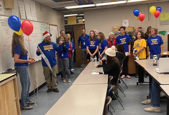 Prize parade visits the Prescott High School chemistry class for Michelle Ritzer, the recipient of one of two foundation innovation grants this year. (Nanci Hutson/Courier)
