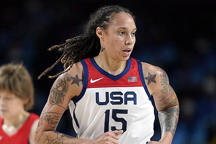 Brittney Griner (15) runs up court during women's basketball gold medal game against Japan at the 2020 Summer Olympics on Aug. 8, 2021, in Saitama, Japan. Russia has freed WNBA star Brittney Griner in a dramatic high-level prisoner exchange, with the U.S. releasing notorious Russian arms dealer Viktor Bout. (AP Photo/Charlie Neibergall, File)