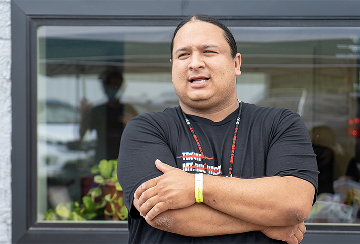 NDN Collective President and CEO Nick Tilsen stands outside of the NDN Headquarters upon his release from Pennington County Jail on July 6. (Photo/Arlo Iron Cloud/NDN Collective)