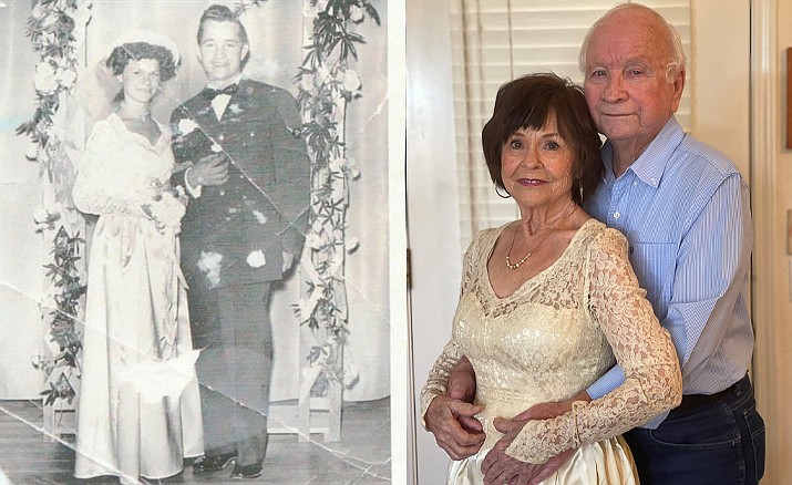 Lloyd and Mary Leavitt of Prescott Valley were married Dec. 6, 1952 at the Assembly of God Church in Chandler, Arizona. The couple is shown then and now. (Courtesy photos)